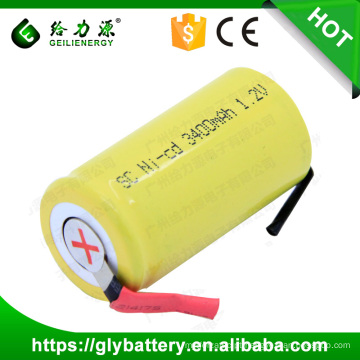 Parte superior lisa da bateria recarregável de NICD SC3400mAh 1.2V com abas